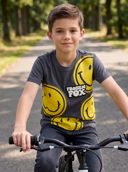 Kids' Charcoal Grey Smiley Graphic Printed T-Shirt | Fun Casual Everyday Wear
