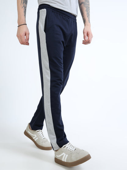 Men’s Navy Blue Cotton Blend Trackpant with Grey Side Panel | Regular Track Pants for Casual & Gym Wear
