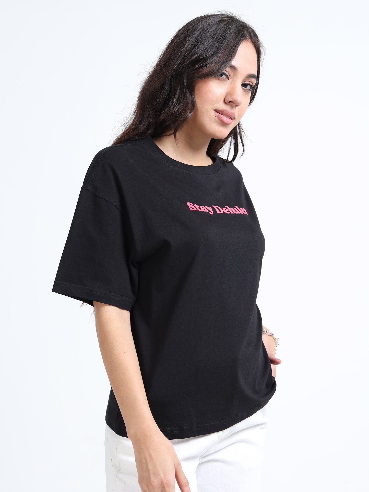 Women’s Oversized Black Tshirt – Stay Delulu Graphic Tee