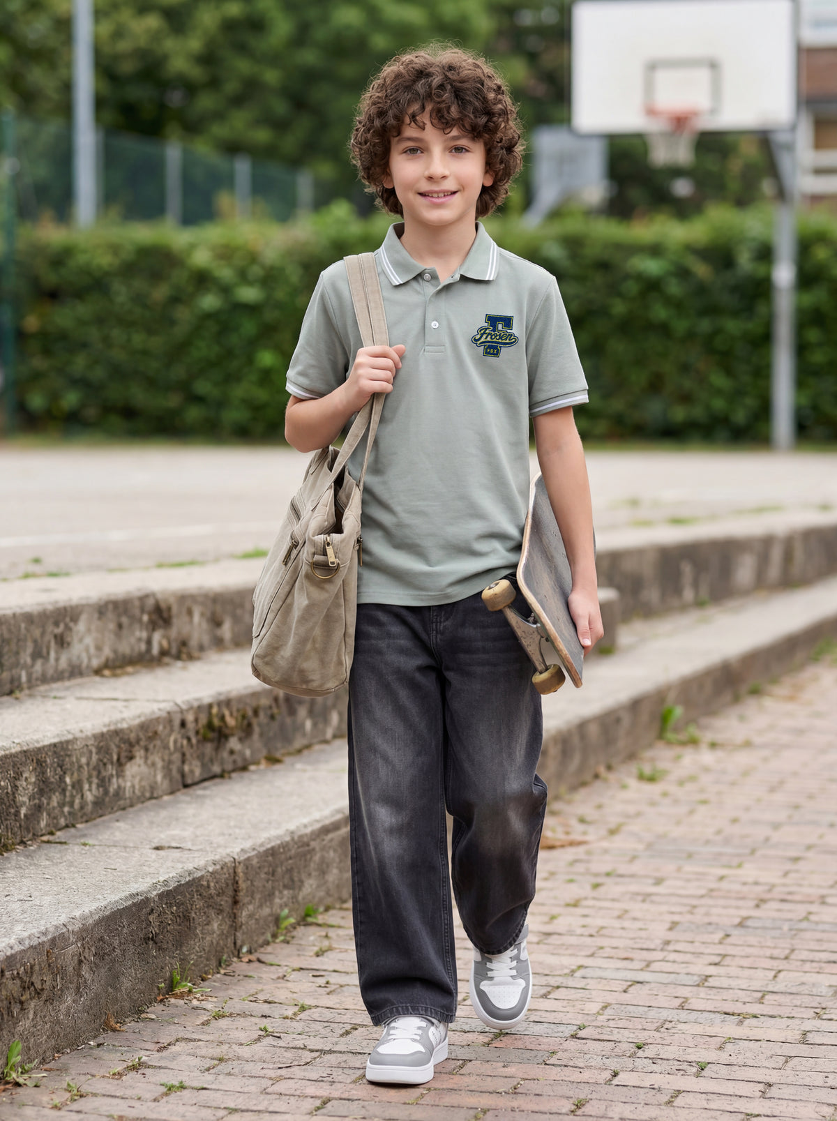 Kids' Grey Polo T-Shirt with Logo Print | Casual Everyday Wear
