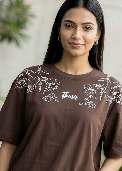 Womens Oversized Brown Graphic T-Shirt – Minimal Botanical Print