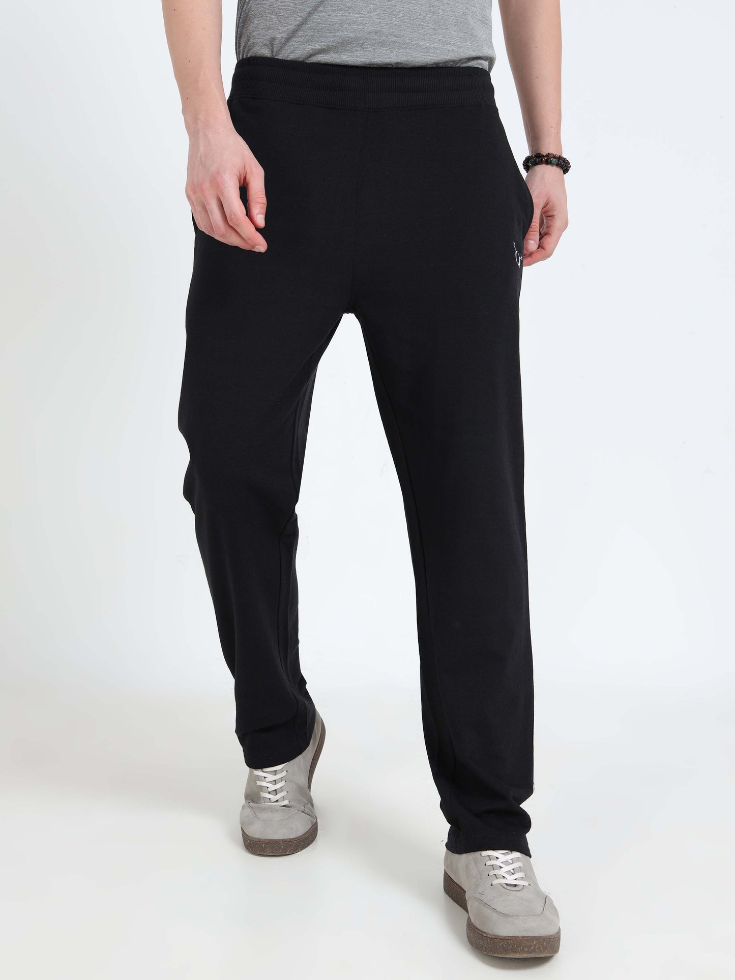 Men’s Black Cotton Blend Track Pants with Minimal Logo | Relaxed Fit Casual Track Pants