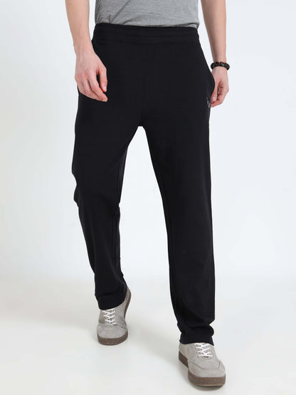 Men’s Black Cotton Blend Track Pants with Minimal Logo | Relaxed Fit Casual Track Pants