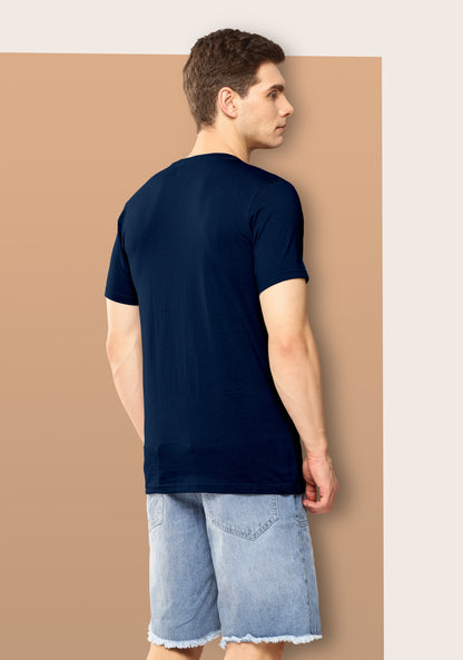Men Navy Solid Embossed Logo Round Neck T-Shirt