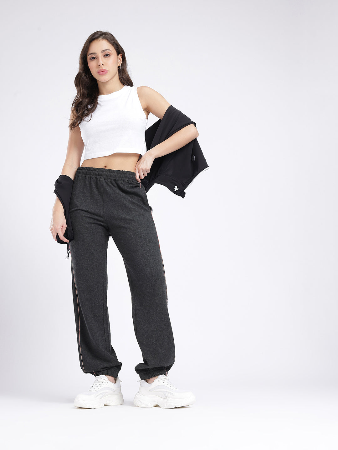 Women’s Charcoal Grey Cotton Joggers | Slim Fit Track Pants with Side Stripe