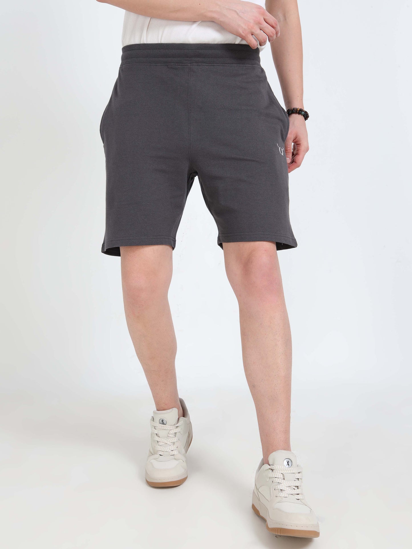 Men’s Steel Grey Cotton Blend Shorts with Minimal Logo | Regular Fit Casual & Athleisure Shorts