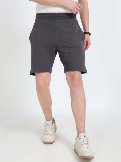 Men’s Steel Grey Cotton Blend Shorts with Minimal Logo | Regular Fit Casual & Athleisure Shorts