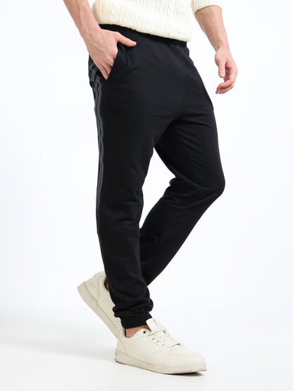 Stylish Men’s Black Joggers | Elasticated Waist & Drawstring | Sporty Side Stripes
