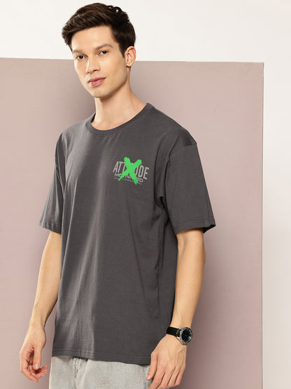 Men Dark Grey Oversized Typography Back Print Round Neck T-Shirt