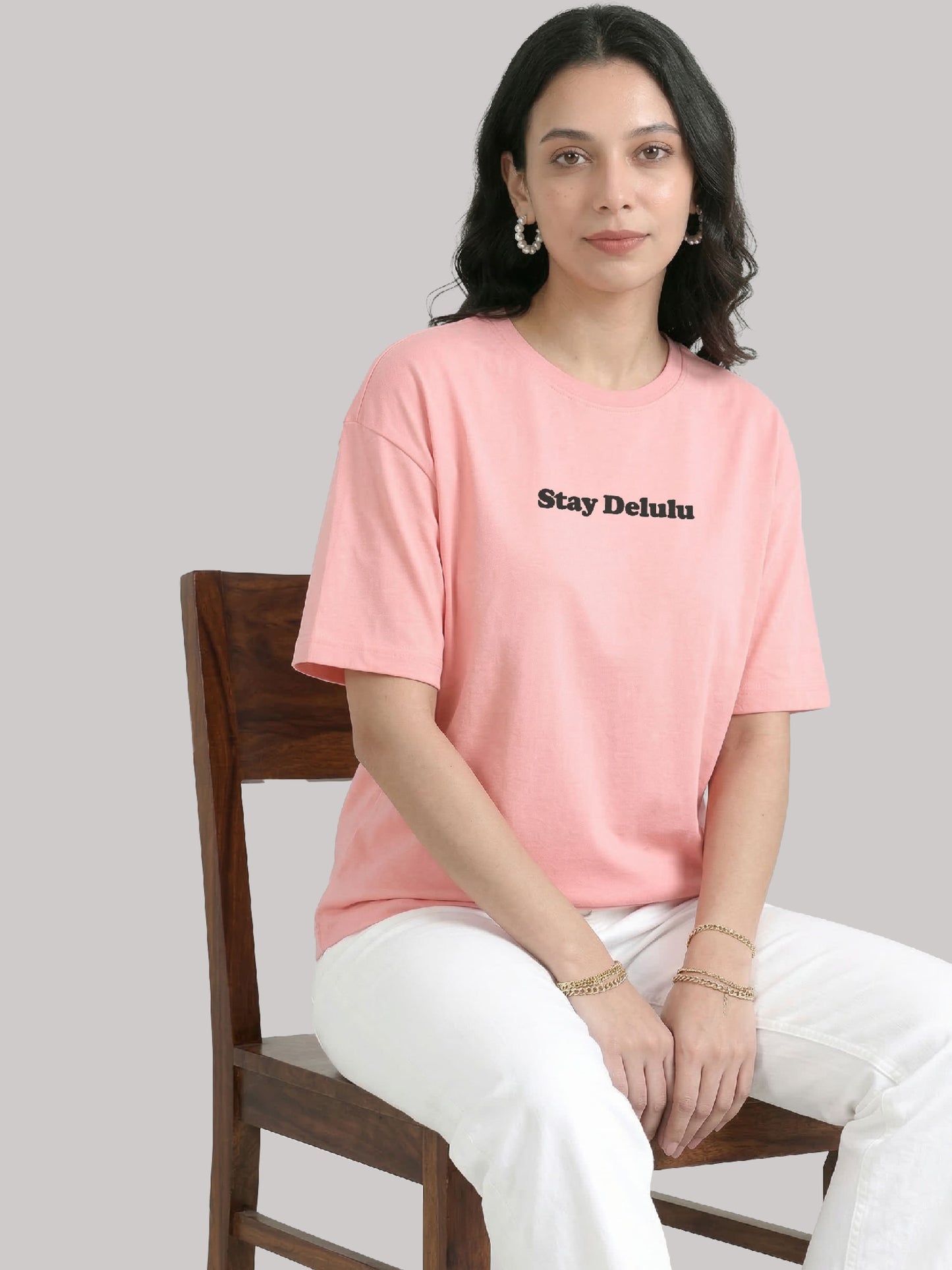 Women’s Oversized Peach Tshirt – Stay Delulu Graphic Tee