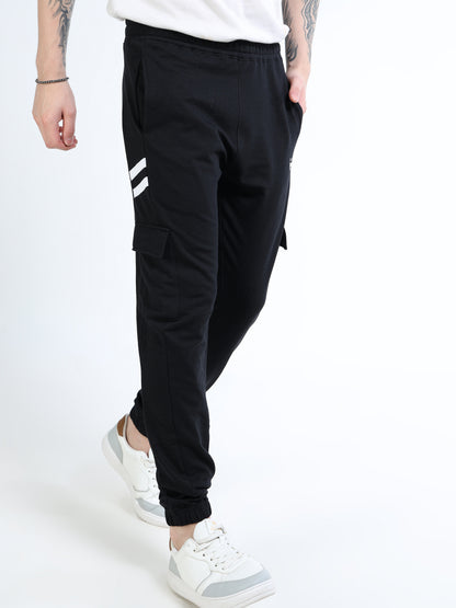Men’s Black Cotton Blend Cargo Joggers – Regular Fit Track Pants with Utility Pocket