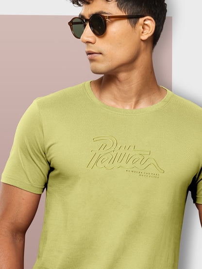 Men Green Solid Embossed Logo Round Neck T-Shirt