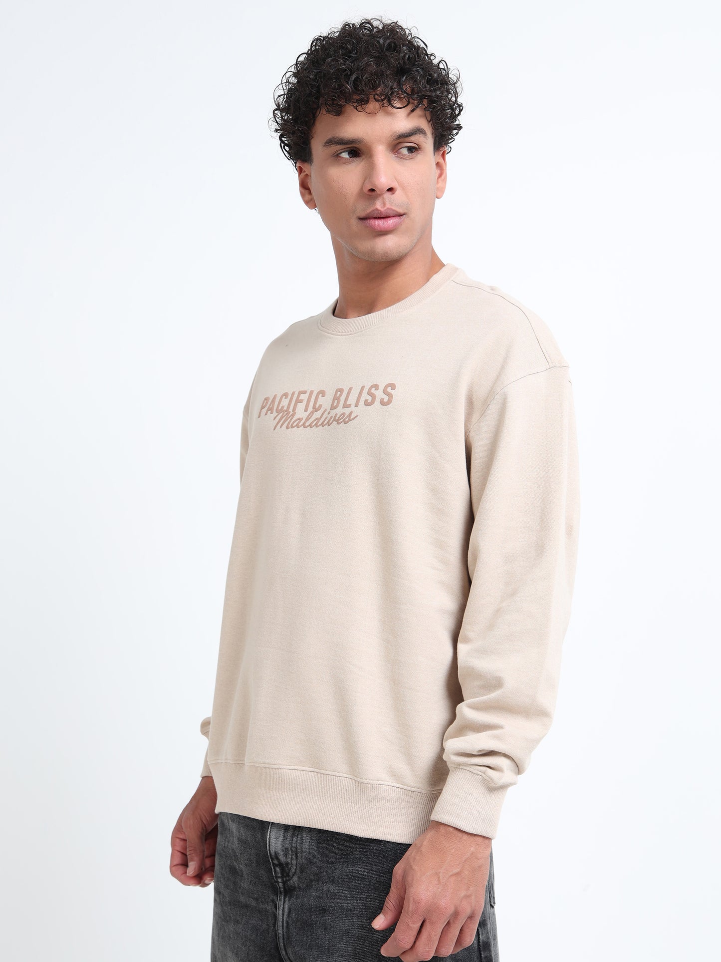 Men’s Beige Oversized Sweatshirt | Pacific Bliss Maldives Back Print Crewneck