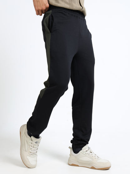 Men’s Black Cotton Blend Track Pants with Olive Side Panel | Regular Fit Fit Joggers for Gym & Casual Wear