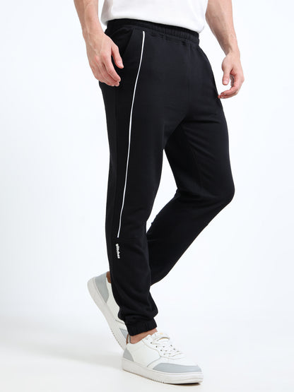 Premium Black Joggers for Men | Cotton Blend | Contrast Piping | Slip-On Closure