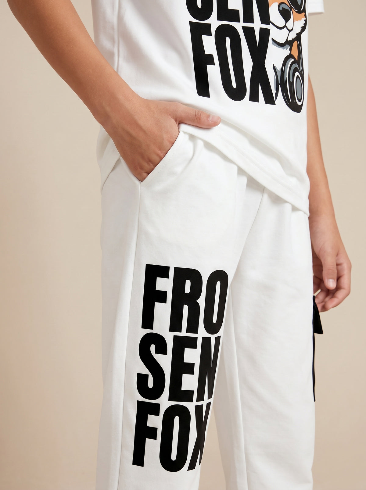 Kids' White "FROSEN FOX" Graphic Printed T-Shirt and Cargo Track Pants Set