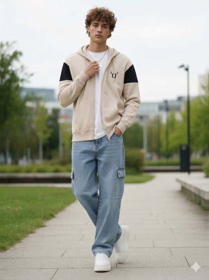 Men’s Beige Hooded Zip-Up Sweatshirt – Casual Cotton Blend Full Sleeve Hoodie Jacket