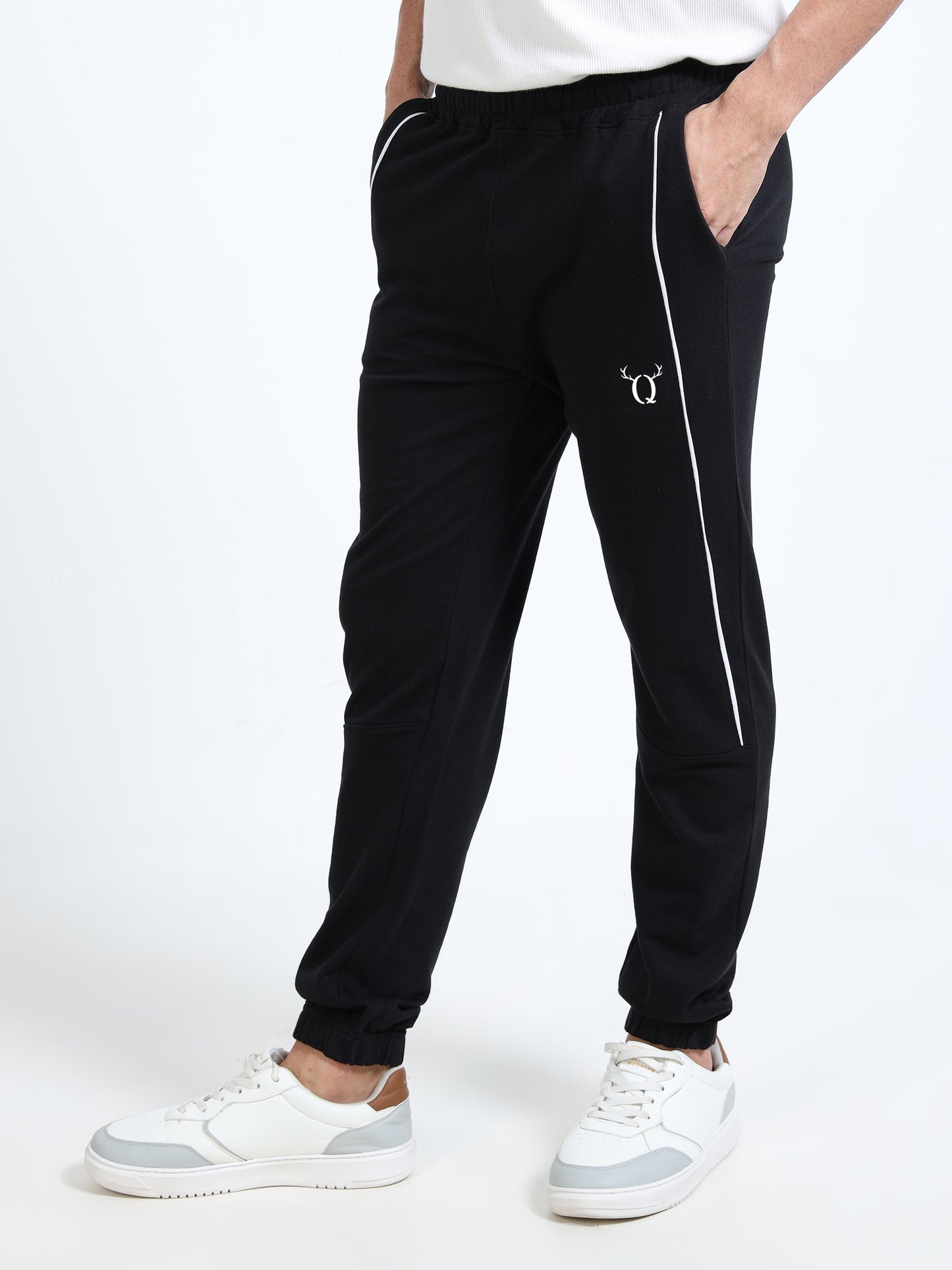 Premium Black Joggers for Men | Cotton Blend | Contrast Piping | Slip-On Closure