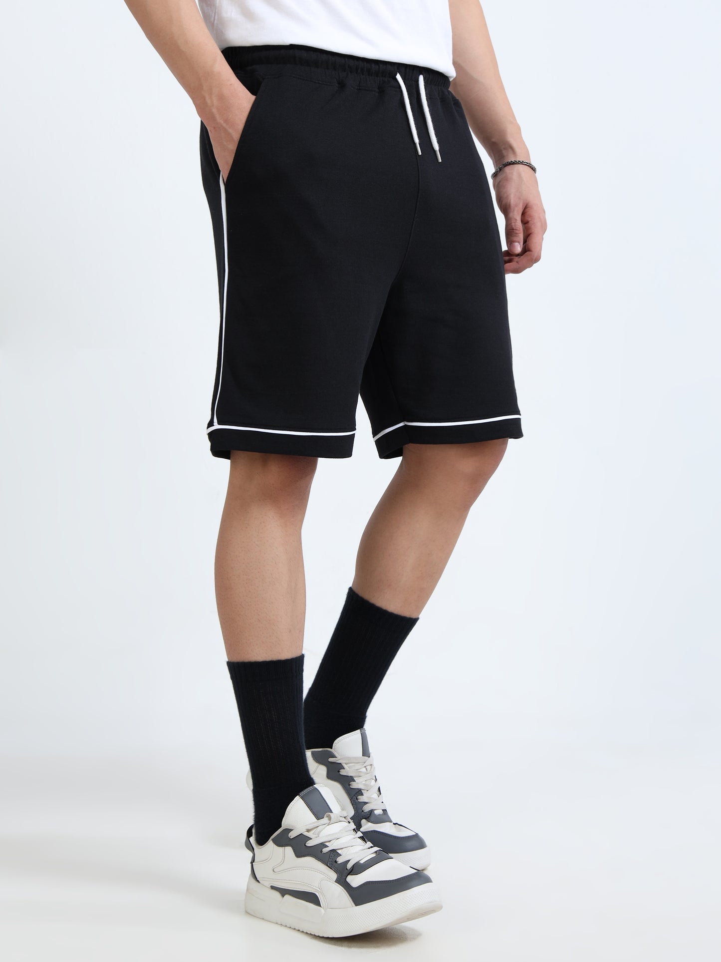 Self Design Men Black Casual Shorts