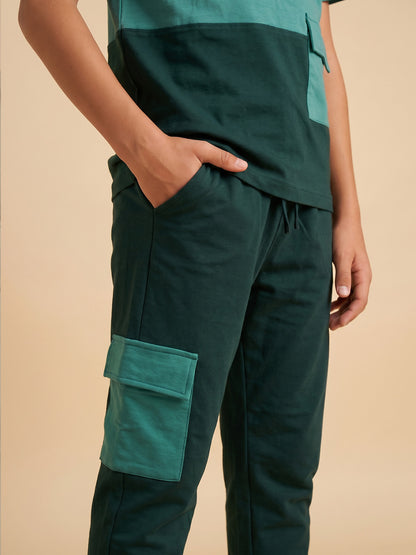 Kids' Teal and Dark Mint Colorblock Graphic T-Shirt and Cargo Track Pants Set