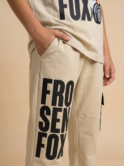 Kids' Beige "FROSEN FOX" Graphic Printed T-Shirt and Cargo Track Pants Set
