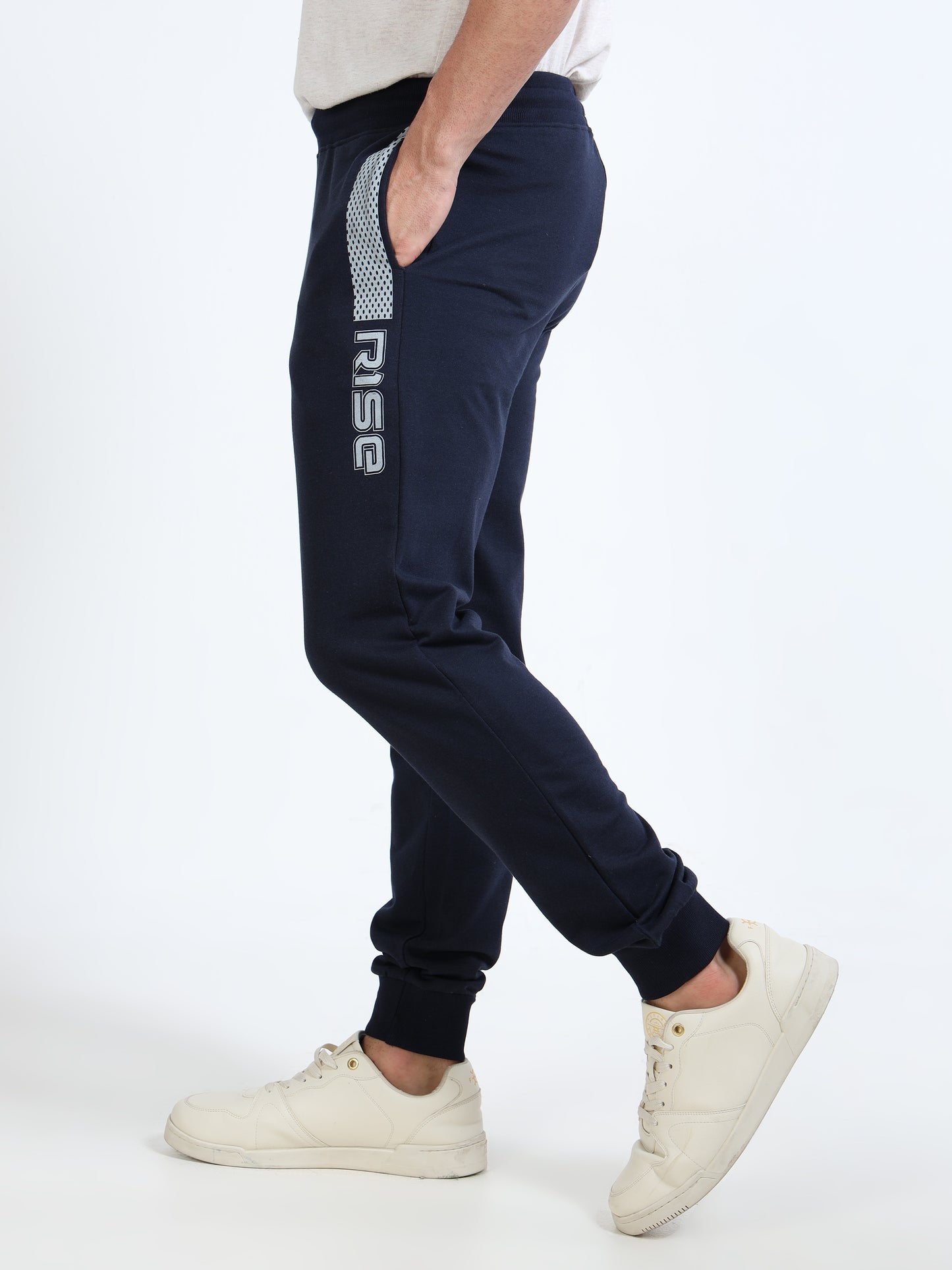Stylish Men’s Navy Blue Joggers | Printed Design | Mid-Rise | Casual & Gym