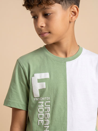 Kids' Sage Green and White Colorblock Graphic T-Shirt and Track Pants Set