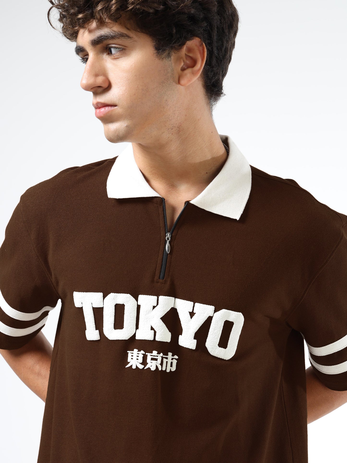 Mens Drop Shoulder Oversized Polo T-Shirt – Tokyo Printed Zipper Polo