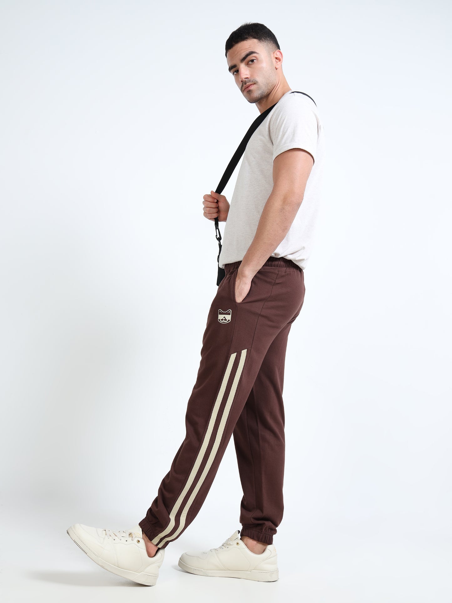 Men’s Brown Striped Regular Fit Joggers | Mid-Rise | Elasticated Waist & Drawstring