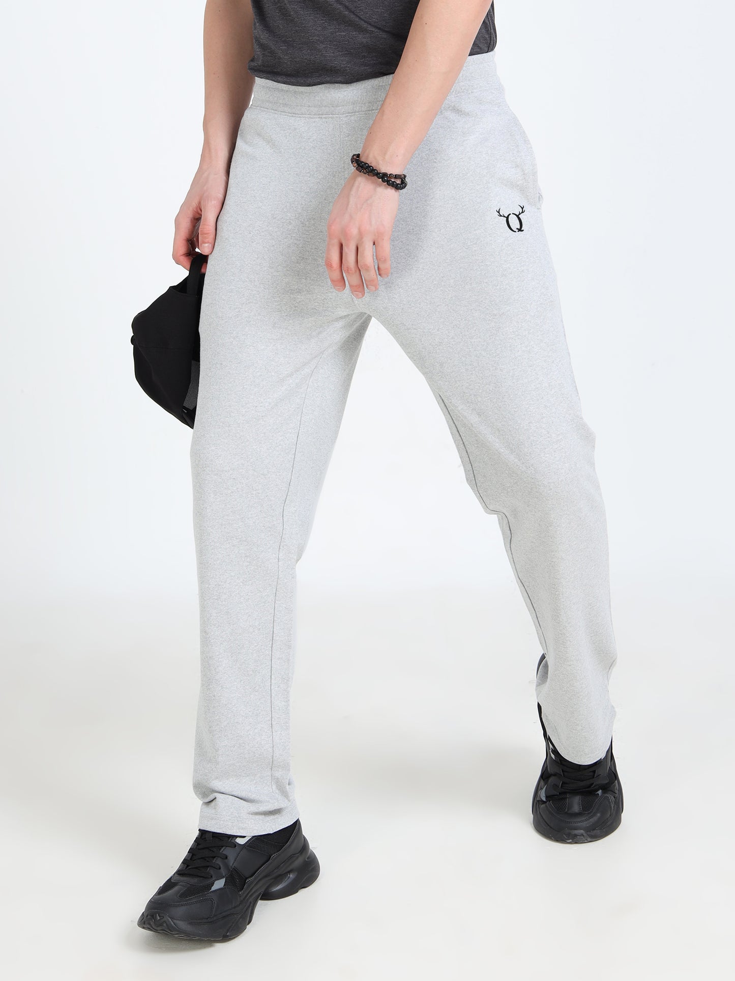 Men’s Grey Melange Cotton Blend Track Pants with Minimal Logo | Relaxed Fit Casual Track Pants