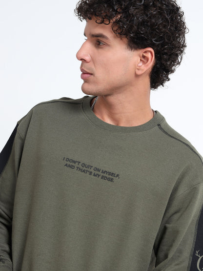 Men’s Olive Green Oversized Sweatshirt | Motivational Printed Round neck Pullover