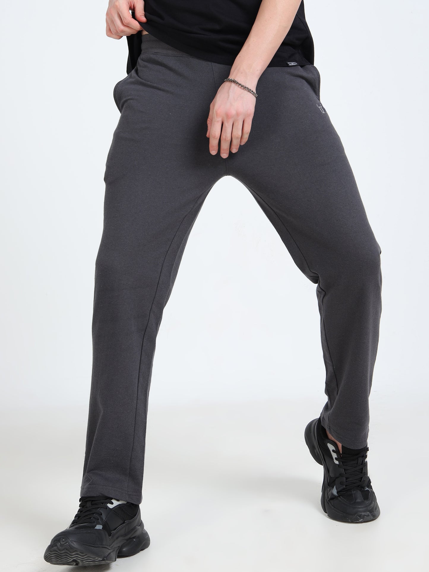 Men’s Steel Grey Cotton Blend Track Pants with Minimal Logo | Relaxed Fit Casual Track Pants