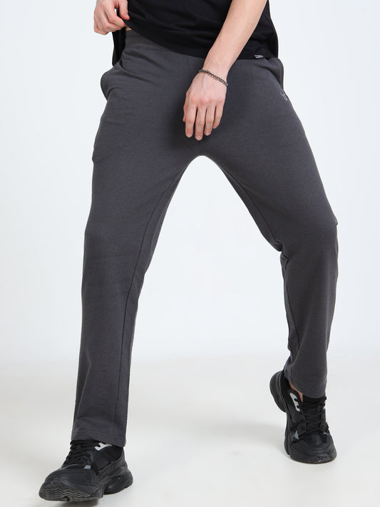 Men’s Steel Grey Cotton Blend Track Pants with Minimal Logo | Relaxed Fit Casual Track Pants