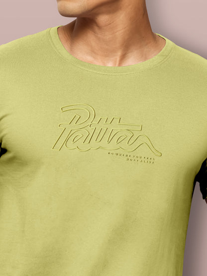 Men Green Solid Embossed Logo Round Neck T-Shirt