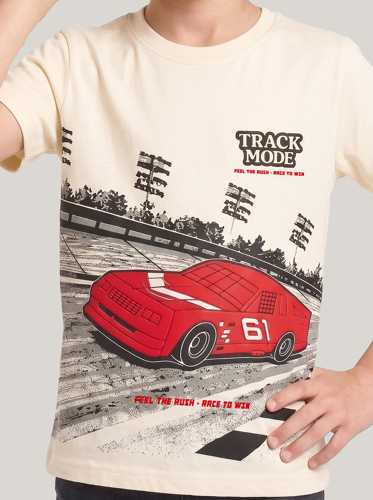 Kids' Cream Racing Car Graphic T-Shirt | Casual Everyday Wear