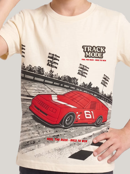 Kids' Cream Racing Car Graphic T-Shirt | Casual Everyday Wear