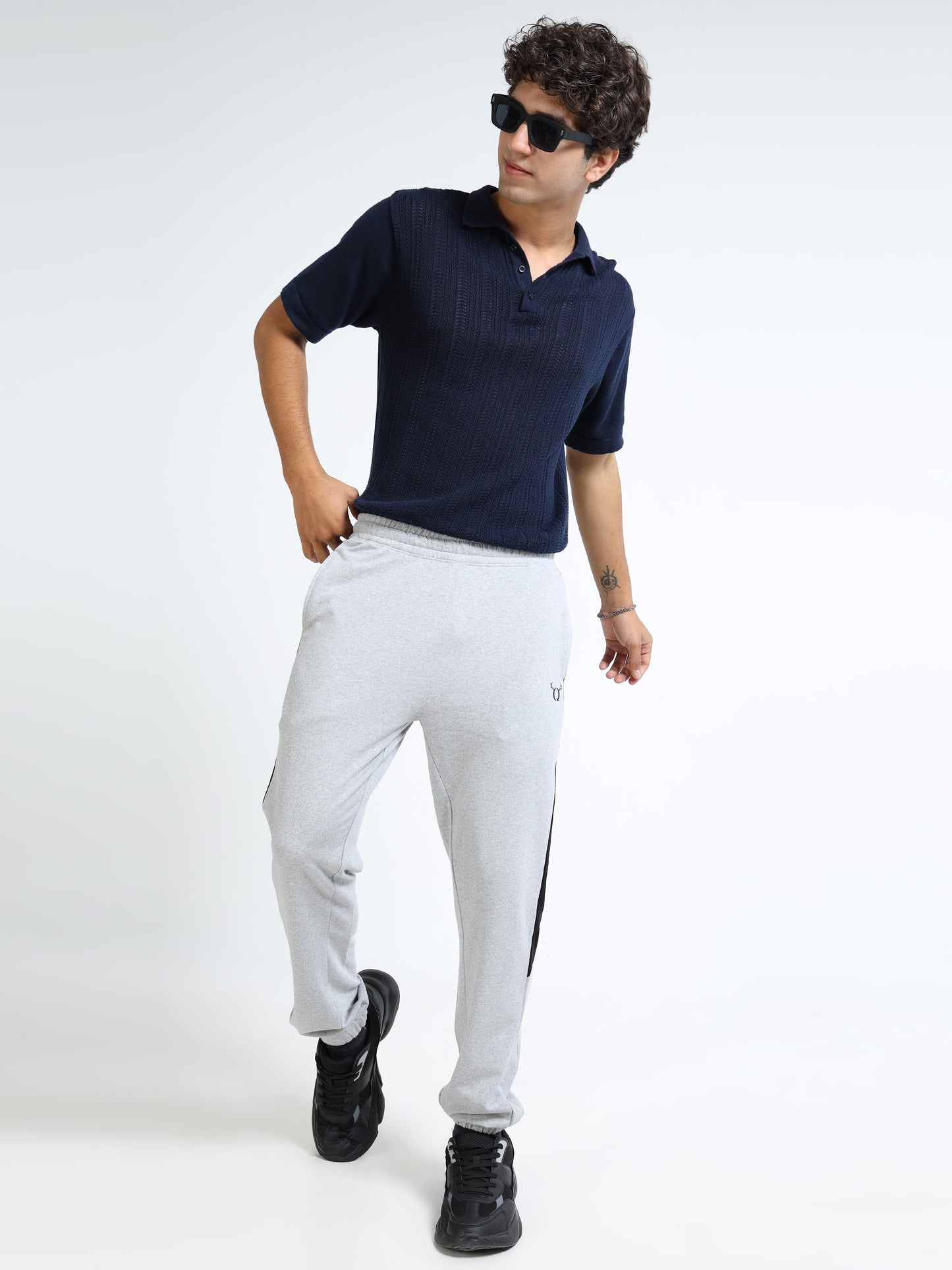 Men’s Grey Cotton Blend Joggers with Black Side Panel | Regular Fit Track Pants for Gym & Casual Wear