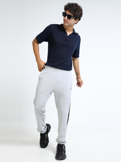 Men’s Grey Cotton Blend Joggers with Black Side Panel | Regular Fit Track Pants for Gym & Casual Wear