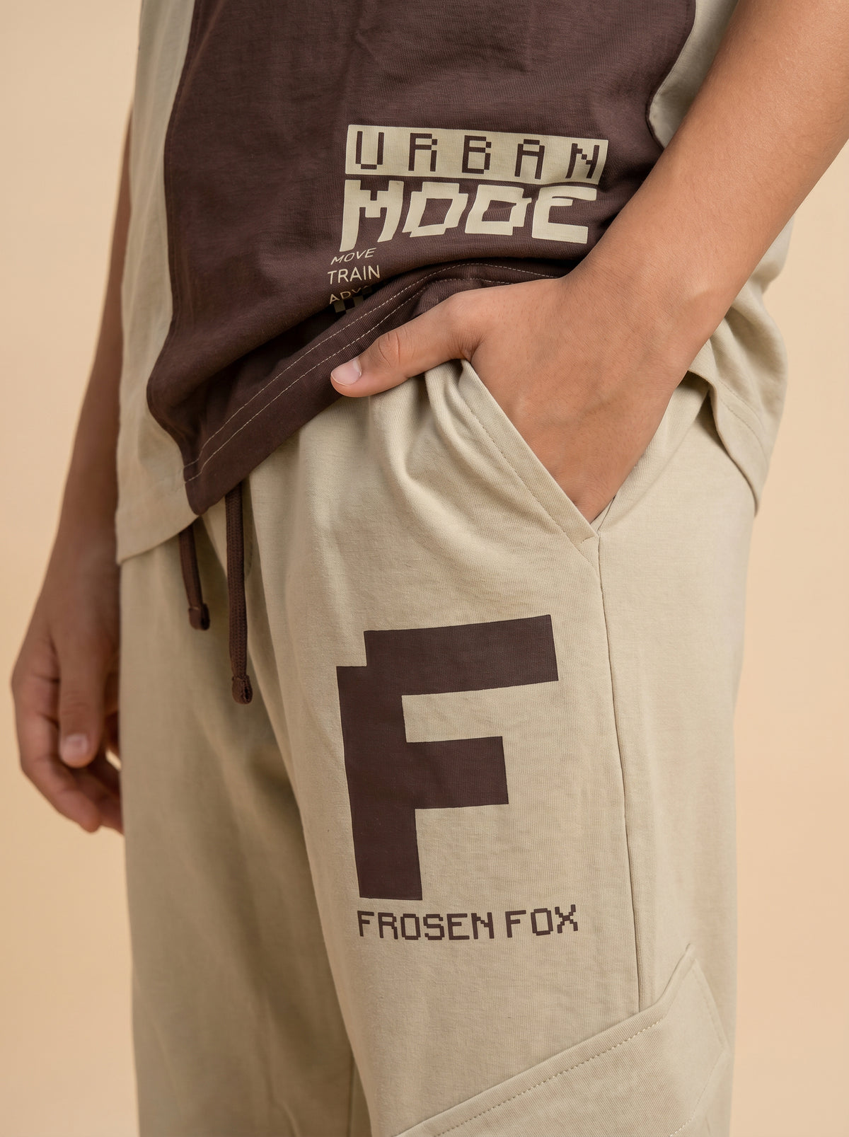 Kids' Beige and Brown Colorblock Graphic T-Shirt and Track Pants Set