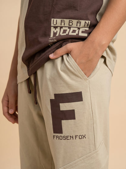 Kids' Beige and Brown Colorblock Graphic T-Shirt and Track Pants Set