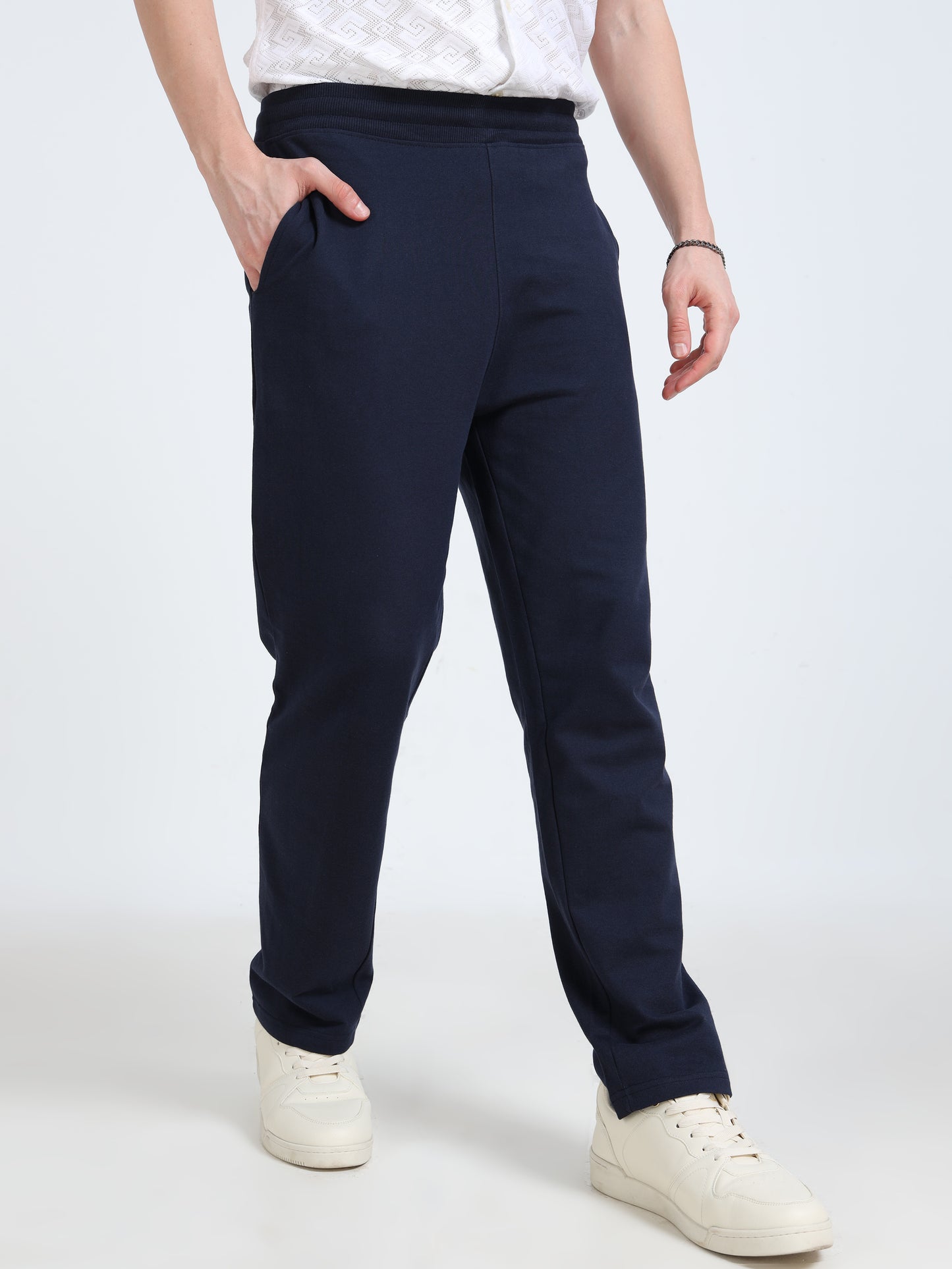 Men’s Navy Cotton Blend Track Pants with Minimal Logo | Relaxed Fit Casual Track Pants