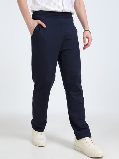 Men’s Navy Cotton Blend Track Pants with Minimal Logo | Relaxed Fit Casual Track Pants