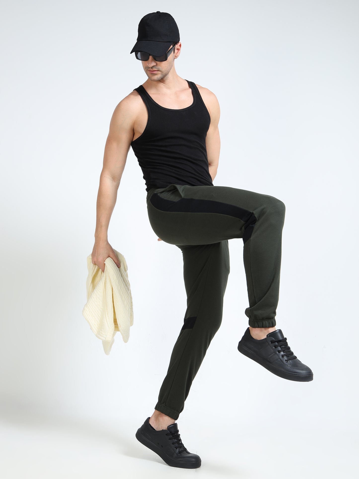 Men’s Olive Cotton Blend Joggers with Black Panel Design | Regular Fit Athleisure Track Pants