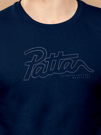 Men Navy Solid Embossed Logo Round Neck T-Shirt