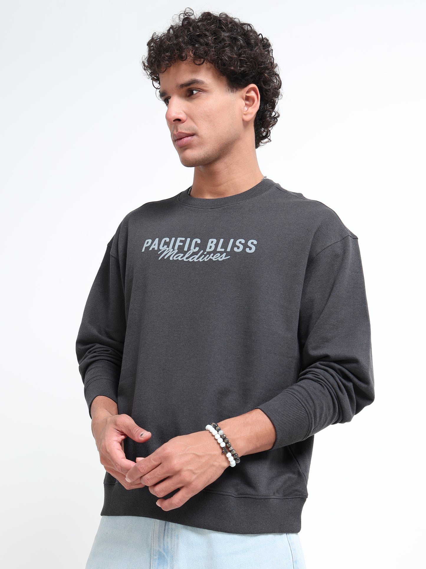 Men’s Charcoal Oversized Sweatshirt | Pacific Bliss Maldives Back Print Crewneck