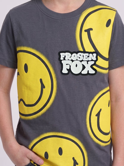 Kids' Charcoal Grey Smiley Graphic Printed T-Shirt | Fun Casual Everyday Wear