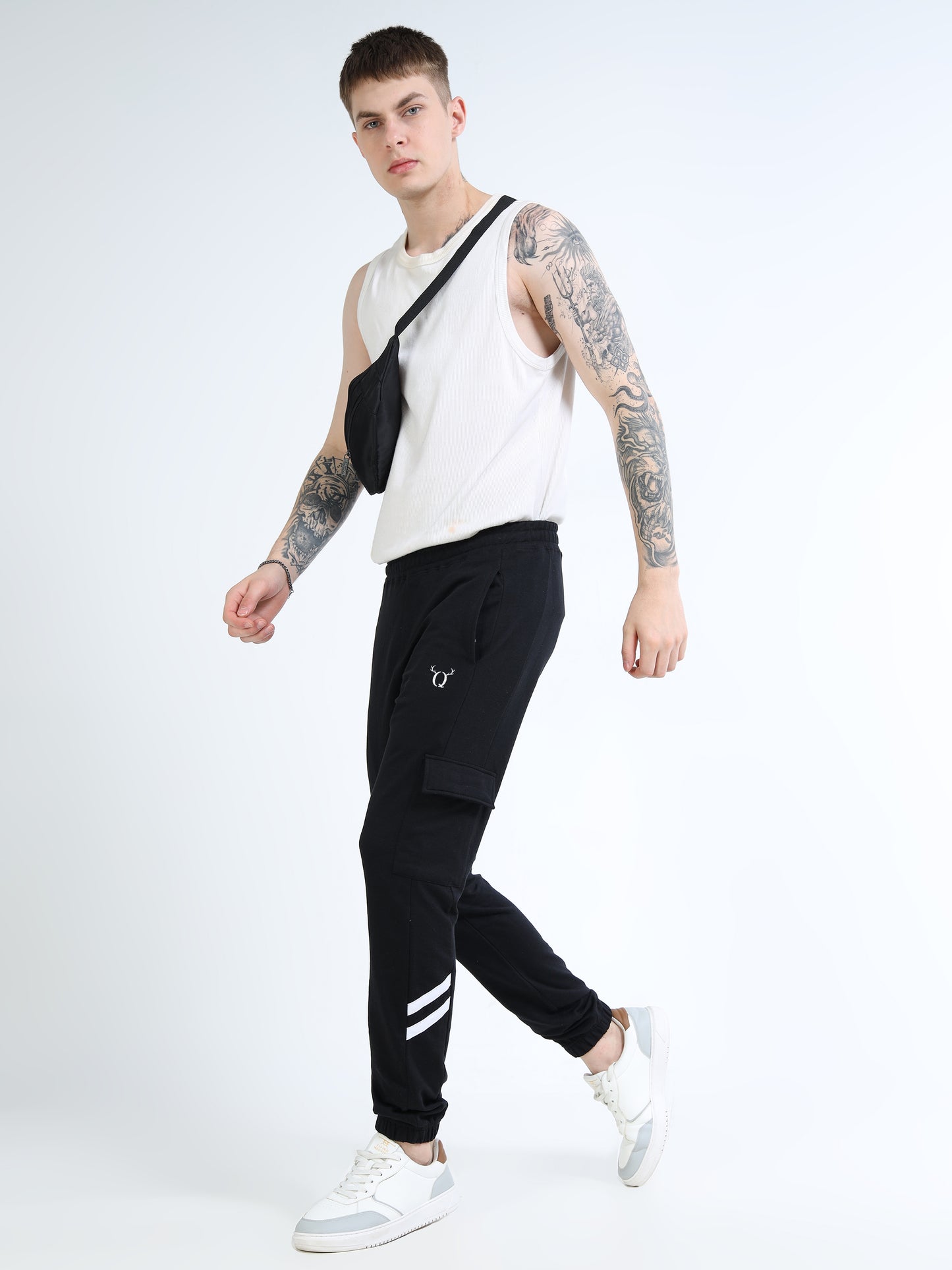 Men’s Black Cotton Blend Cargo Joggers – Regular Fit Track Pants with Utility Pocket