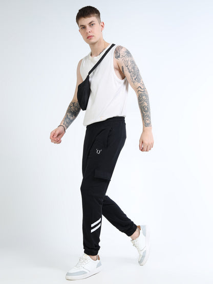 Men’s Black Cotton Blend Cargo Joggers – Regular Fit Track Pants with Utility Pocket