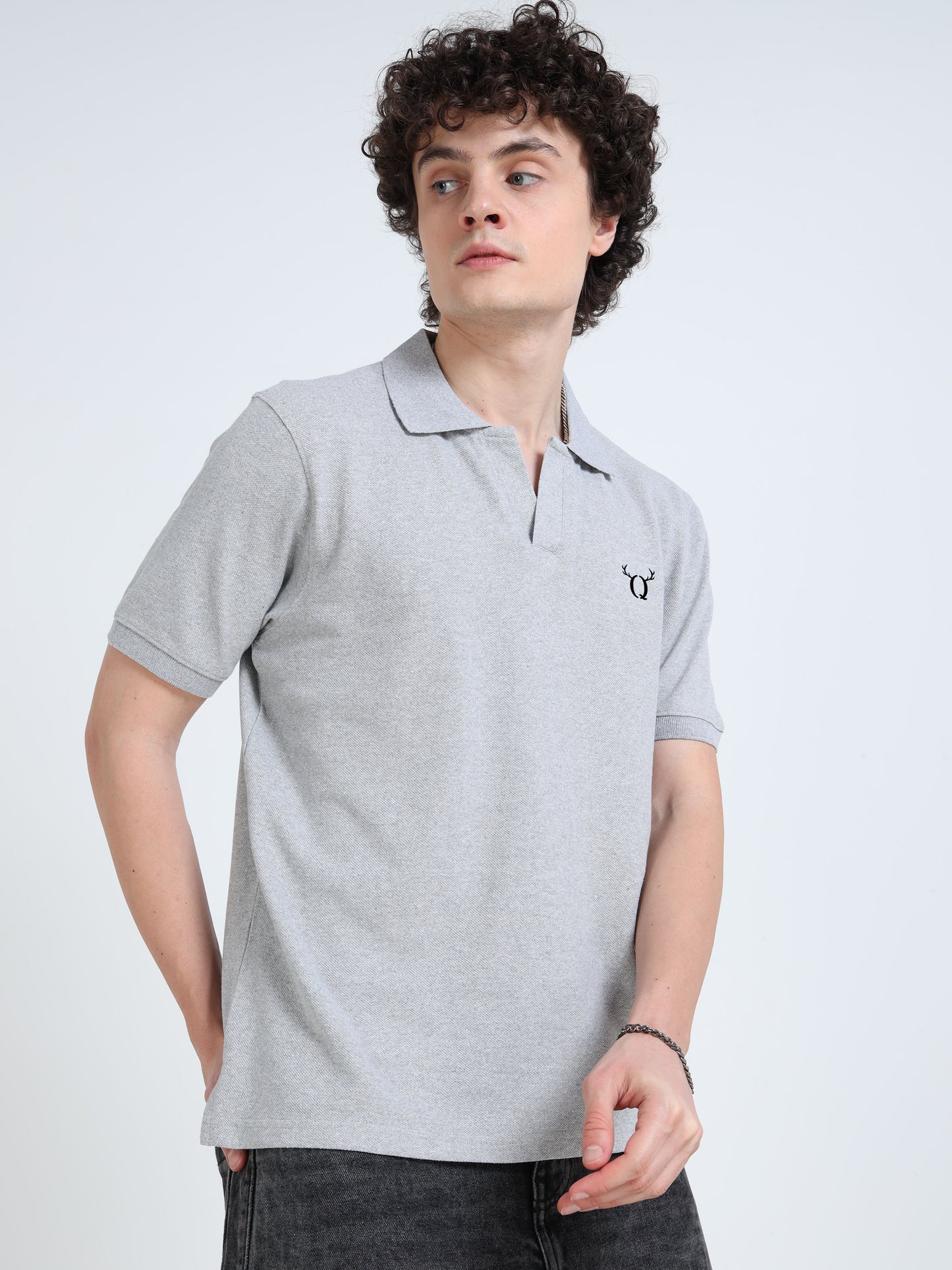Men’s Light Grey Solid Polo T-Shirt with Minimal Chest Logo | Regular Fit Casual Cotton Blend Tee