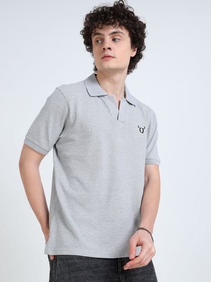 Men’s Light Grey Solid Polo T-Shirt with Minimal Chest Logo | Regular Fit Casual Cotton Blend Tee
